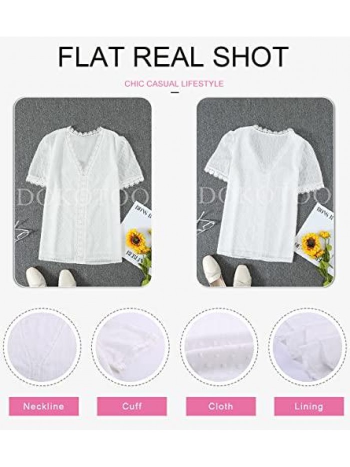 Women's V Neck Lace Crochet Tunic Tops Flowy Casual Blouses Shirts 