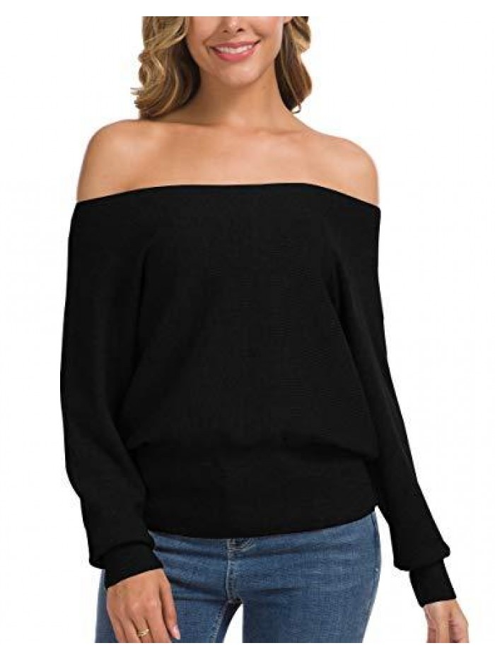 Women's Off Shoulder Sweater Long Sleeve Loose Pullover Knit Jumper 