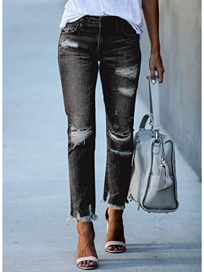 Women Patchwork Destroyed Raw Hem Jeans Ripped Hole Denim Pants 