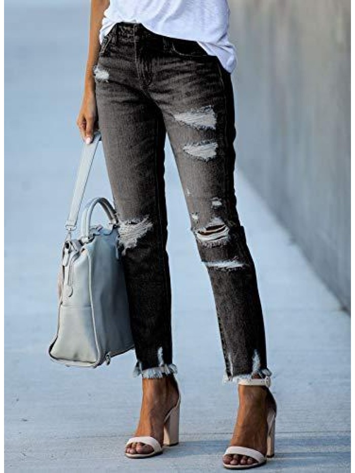 Women Patchwork Destroyed Raw Hem Jeans Ripped Hole Denim Pants 