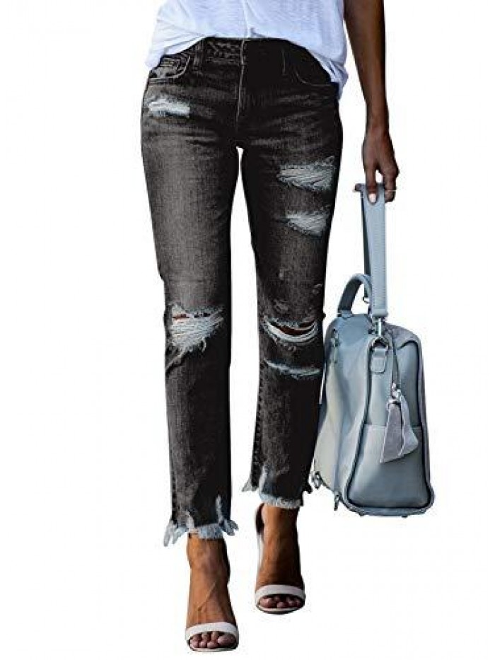 Women Patchwork Destroyed Raw Hem Jeans Ripped Hole Denim Pants 