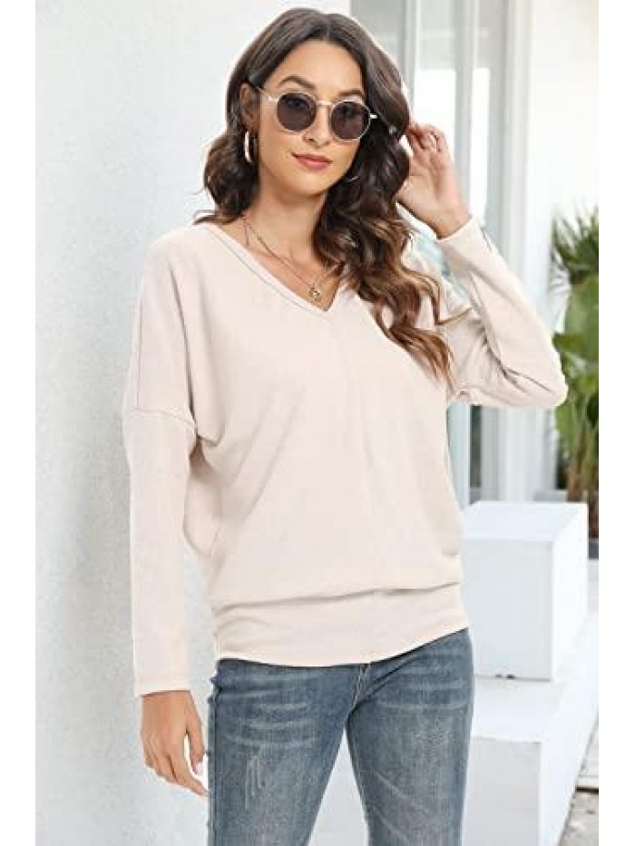 Loose Knit V Neck Lightweight Sweaters Warm Long Sleeve Casual Tops 