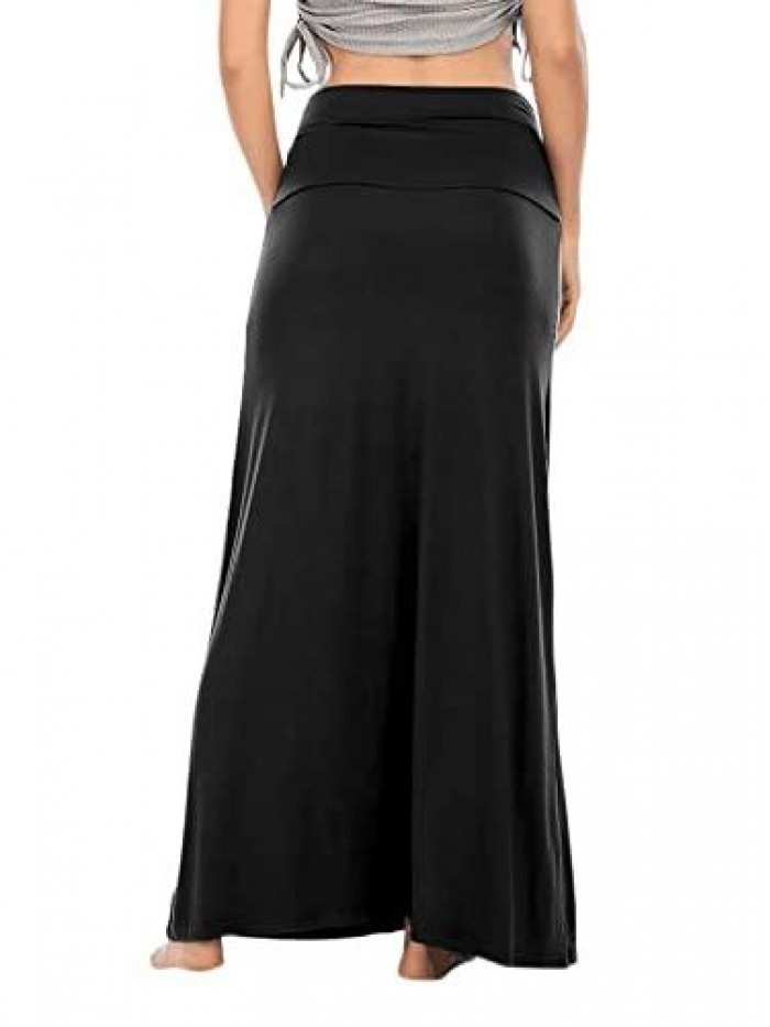 Women's Casual High Waist Solid Flare Long Maxi Skirt 