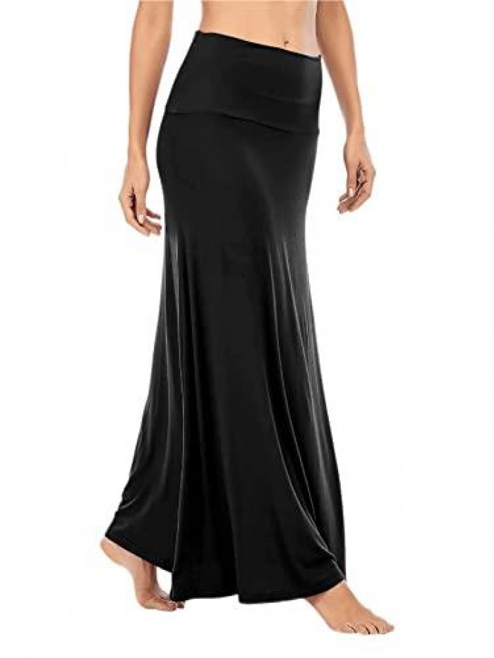 Women's Casual High Waist Solid Flare Long Maxi Skirt 