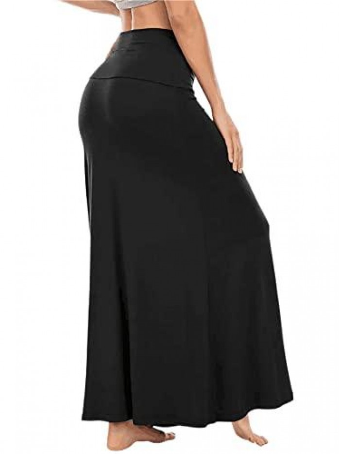 Women's Casual High Waist Solid Flare Long Maxi Skirt 