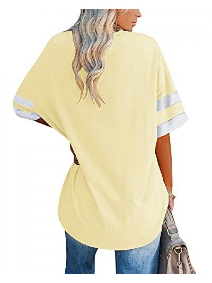 Womens Oversized Tees Loose T Shirts Half Sleeve Crew Neck Color Block Cotton Tunic Tops 