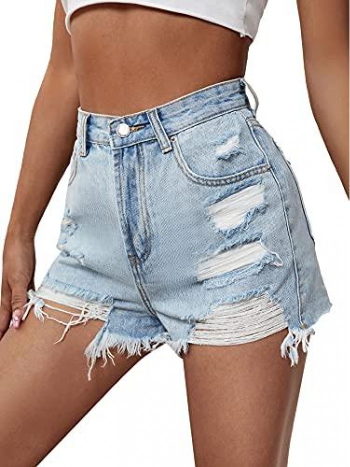 Women's Ripped Raw Hem High Waisted Distressed Denim Shorts 