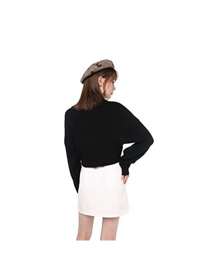 Women's High Neck Lantern Sleeve Ribbed Knit Pullover Crop Sweater Jumper 