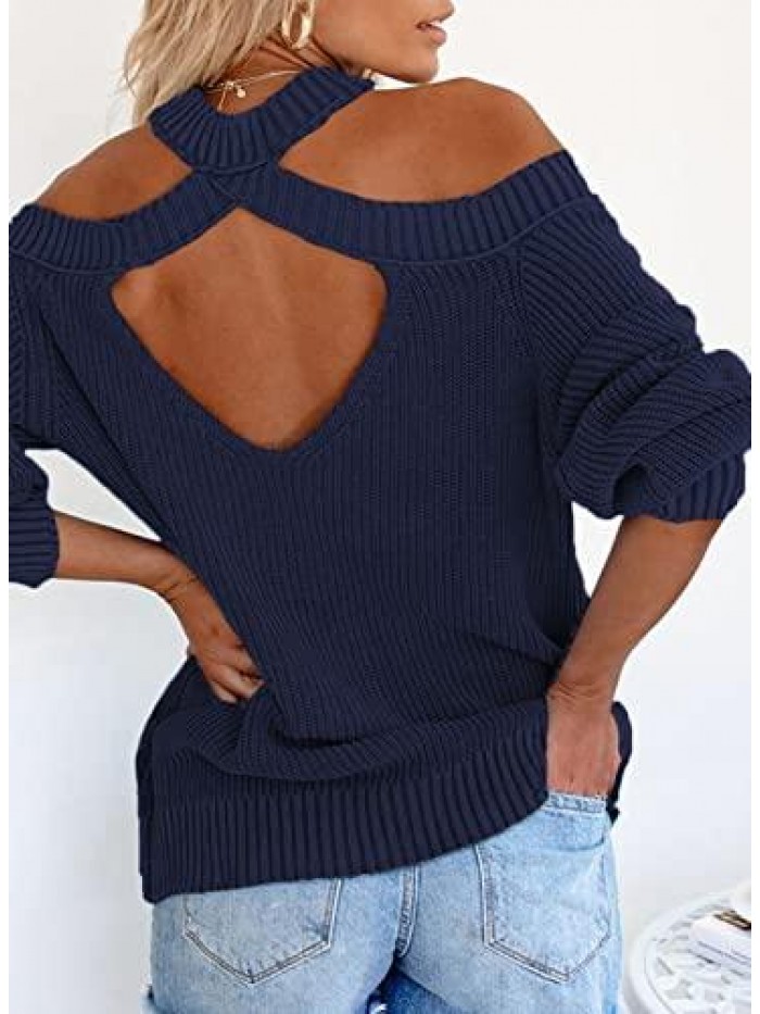 Womens Knit Cold Shoulder Sweaters Long Sleeve Crewneck Backless Jumper Tops 