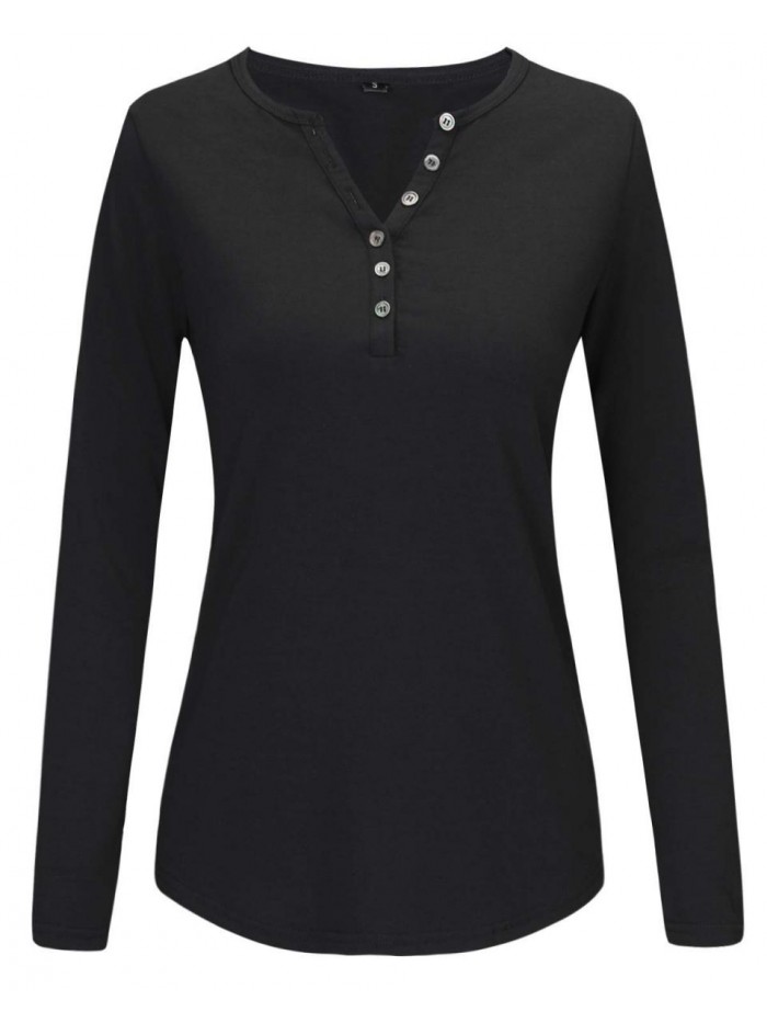 Womens Long Sleeve V-Neck Button Casual Tops Blouse T Shirt 