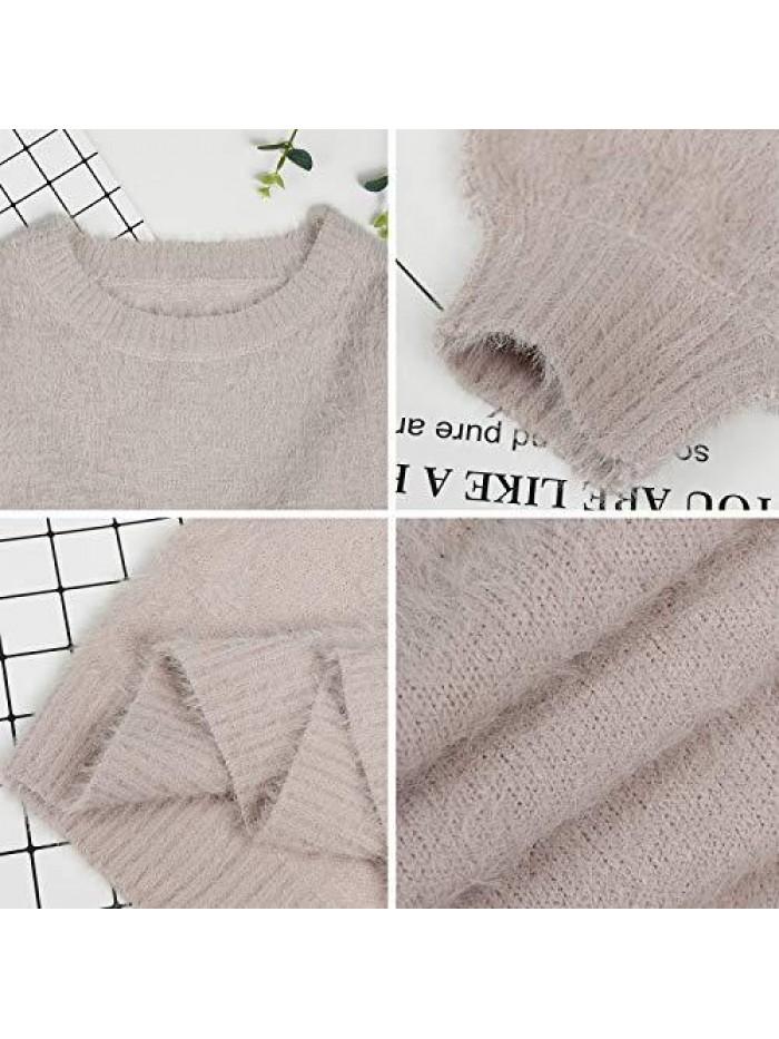 Women's Furry Crewneck Oversized Loose Long Pullover Sweater Dress 