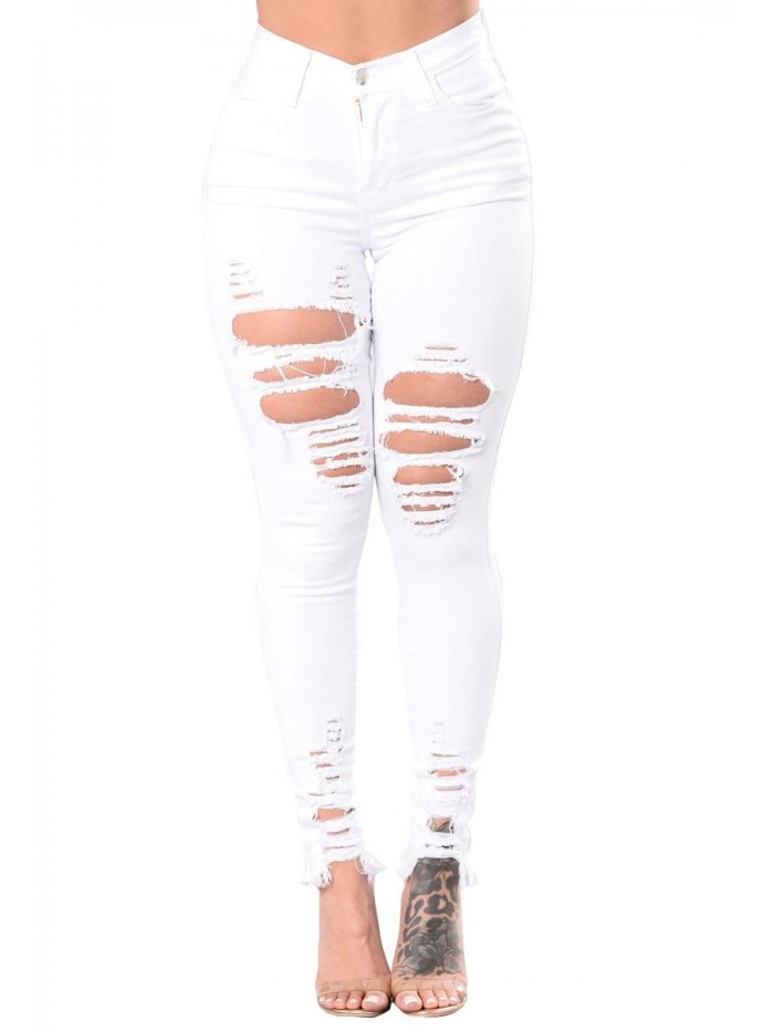 Women's Ripped Skinny Jeans Stretch Mid Rise Distressed Destroyed Denim Pants 