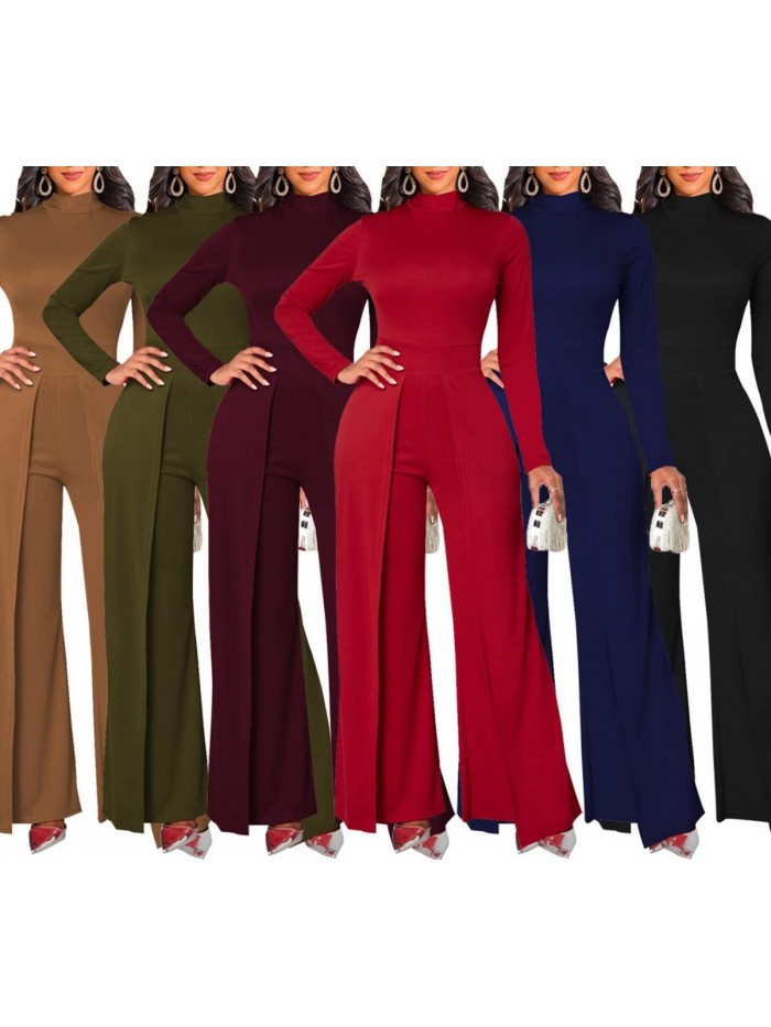 Elegant Jumpsuits Dressy Long Sleeve Straight Long Pants Rompers with Pockets 