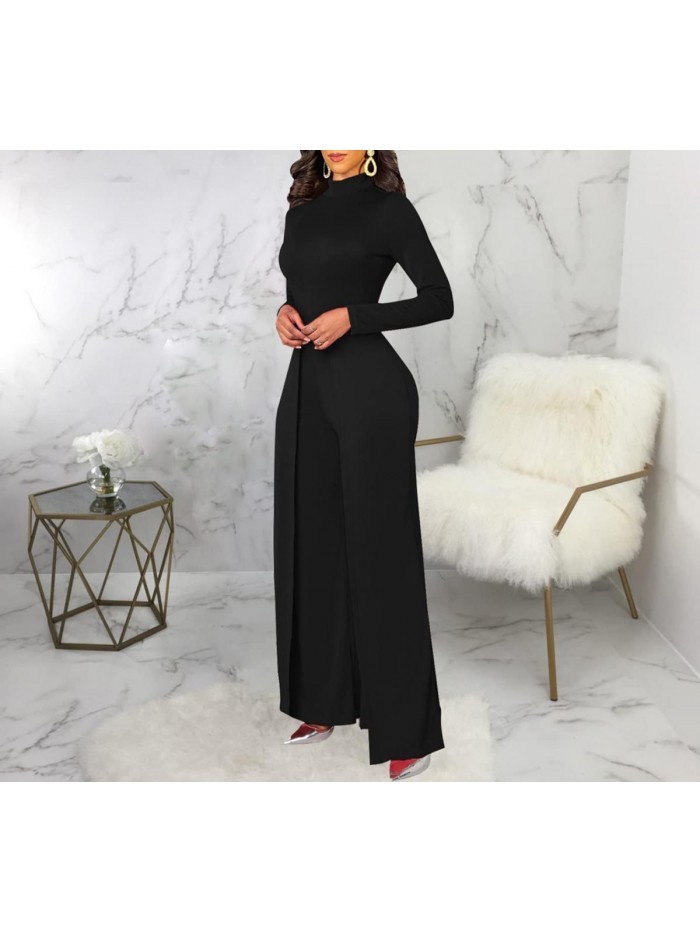 Elegant Jumpsuits Dressy Long Sleeve Straight Long Pants Rompers with Pockets 