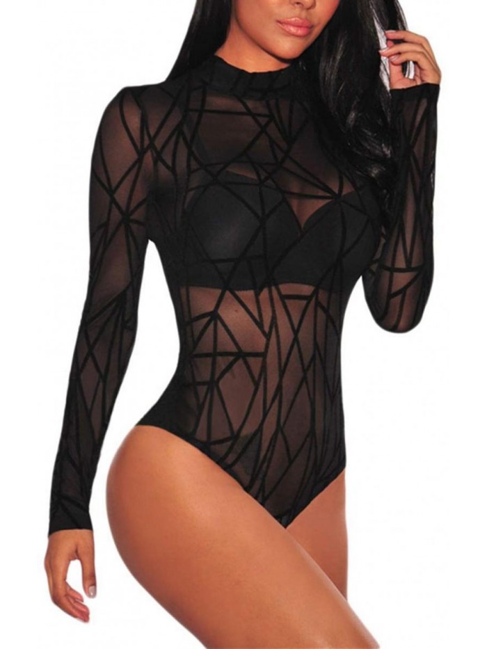 Women Black Sheer Mesh Long Sleeve Jumpsuit Bodysuits Clubwear 