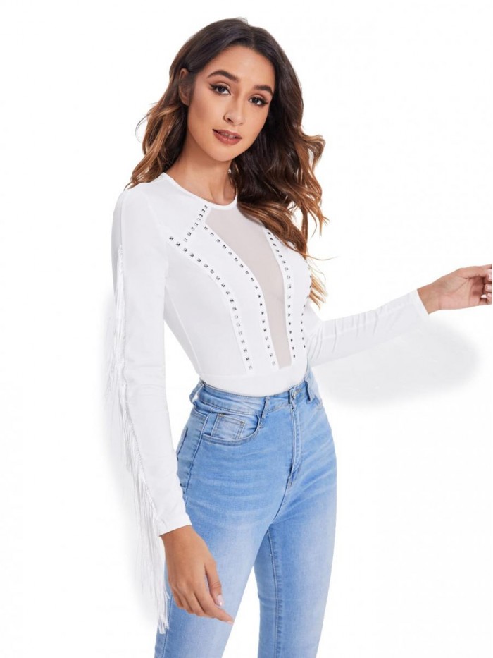 Women's Cold Shoulder Fringe Long Sleeve Sheer Mesh Jumpsuit Bodysuit 