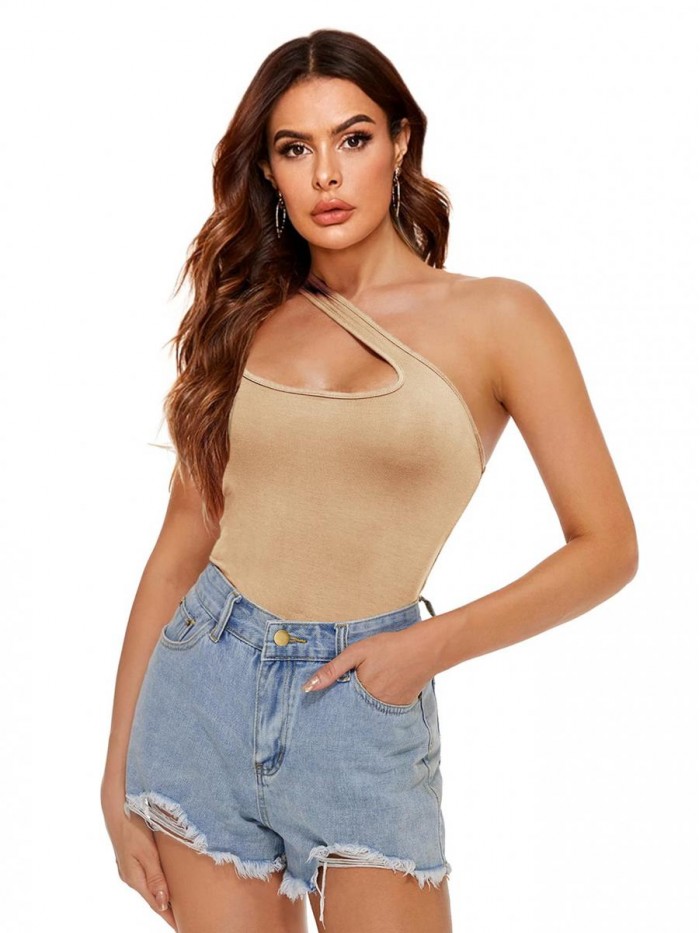 Women's Sexy One Shoulder Sleeveless Cut Out Solid Skinny Bodysuit 