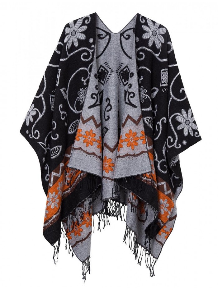 CoCo Women's Printed Tassel Open front Poncho Cape Wrap Shawl 