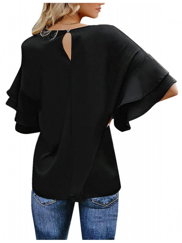 Women's Casual 3/4 Tiered Bell Sleeve Crewneck Loose Tops Blouses Shirt 