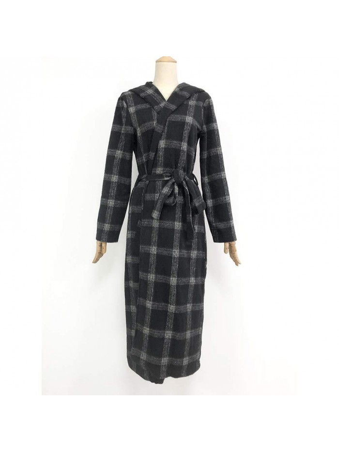 Elegant Wool Blend Belt Trench Coat Plaid Print Outwear Jacket Cardigan 