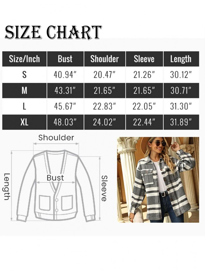 Women's Casual Plaid Lapel Wool Blend Brushed Button Shacket Blouse Shirt 