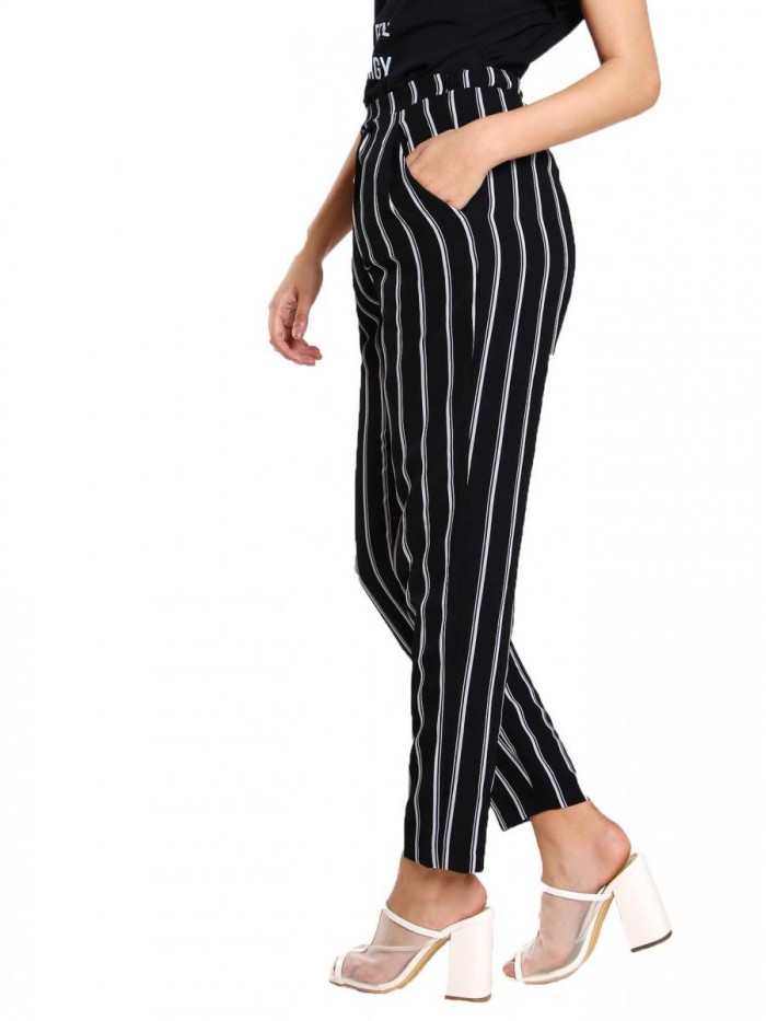 Women's Striped Elastic High Waist Slim Fit Loose Casual Long Pants 