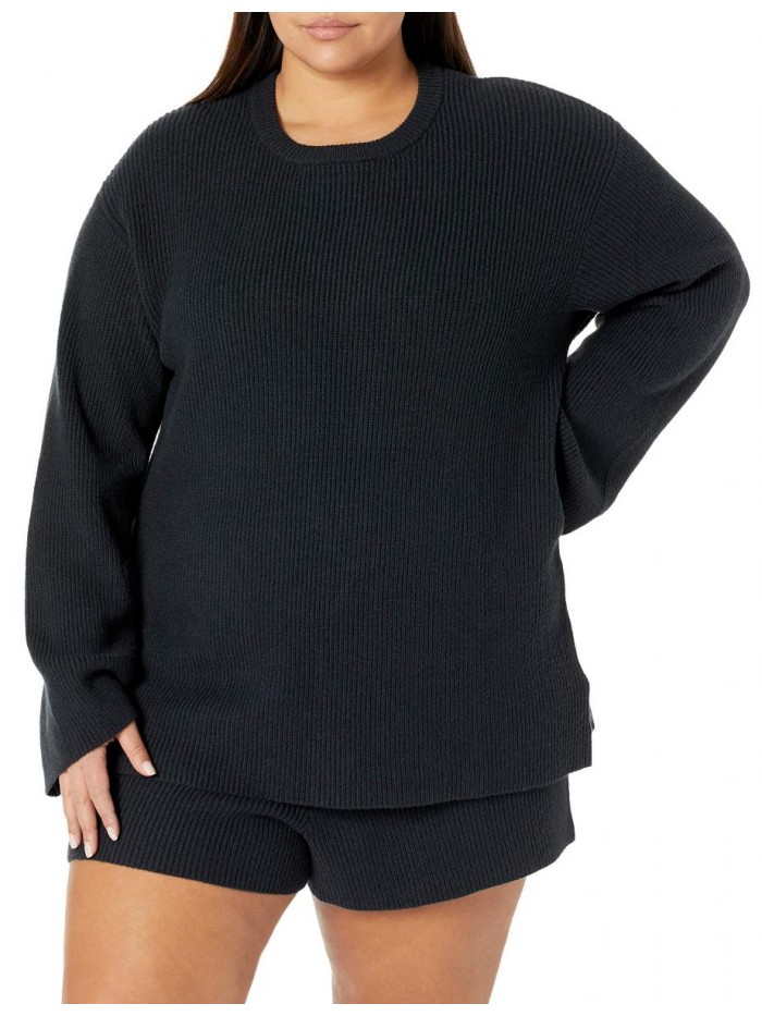 Drop Women's Alice Crewneck Back Slit Ribbed Pullover Sweater 