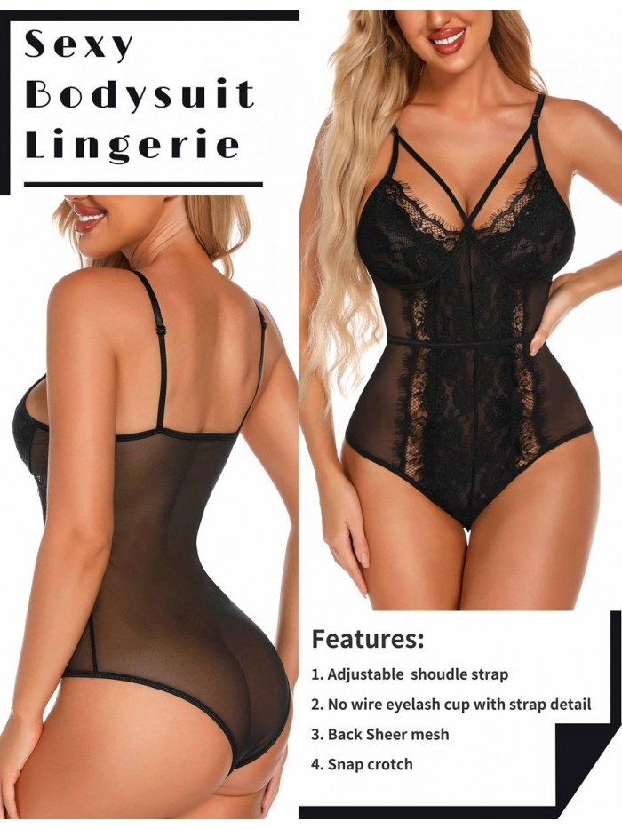 Women Sexy Eyelash Lace bodysuit Snap Crotch Teddy Lingerie 