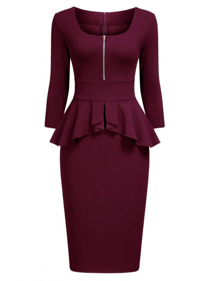 Women's Retro Square Neck Ruffle Style Slim Business Pencil Dress 