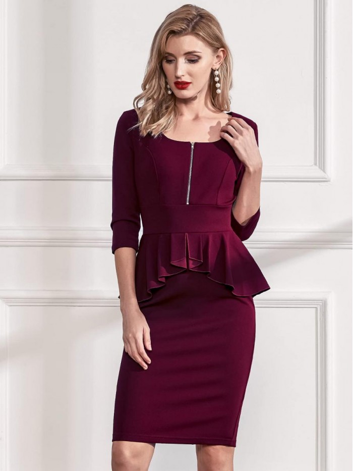 Women's Retro Square Neck Ruffle Style Slim Business Pencil Dress 