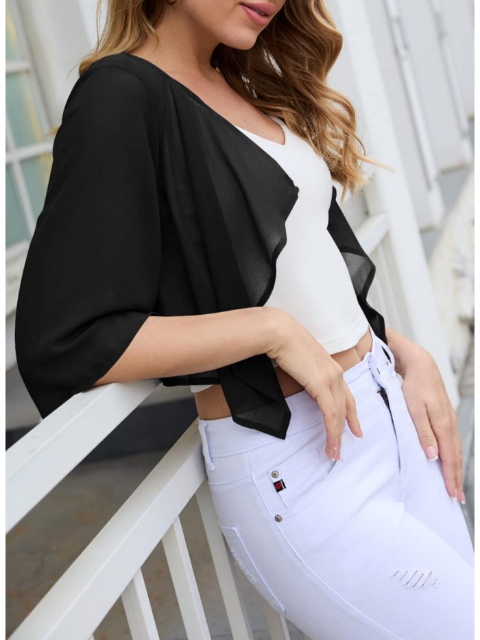 Womens Chiffon Open Front Half Sleeve Sheer Shrug Cropped Bolero Cardigans 