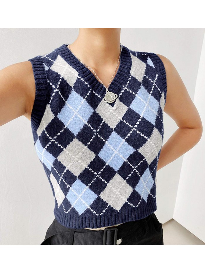 Sweater Vest Argyle Plaid Crop Sweaters Sleeveless Preppy Style Tank Tops 