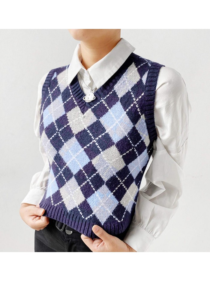 Sweater Vest Argyle Plaid Crop Sweaters Sleeveless Preppy Style Tank Tops 