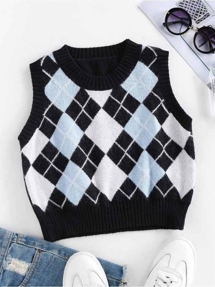 Women's V-Neck Sweater Vest Sleeveless Houndstooth Pullover Knitted Sweater 