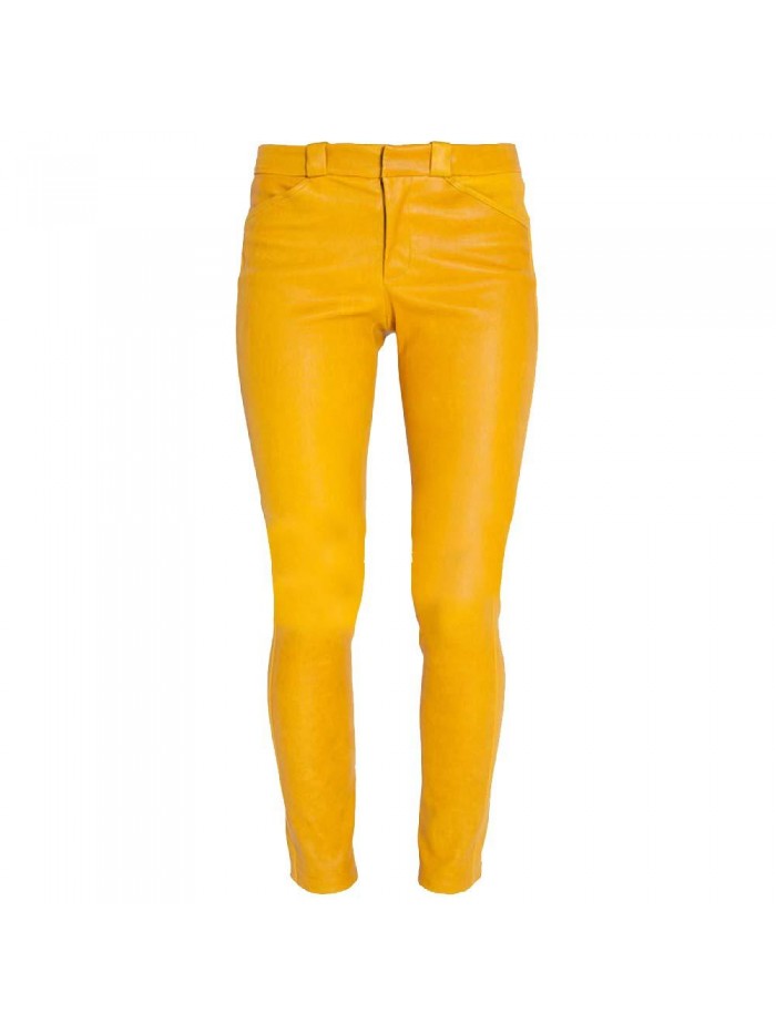 Women's Slim Fit Biker Motorcycle Yellow Faux Leather Pants 