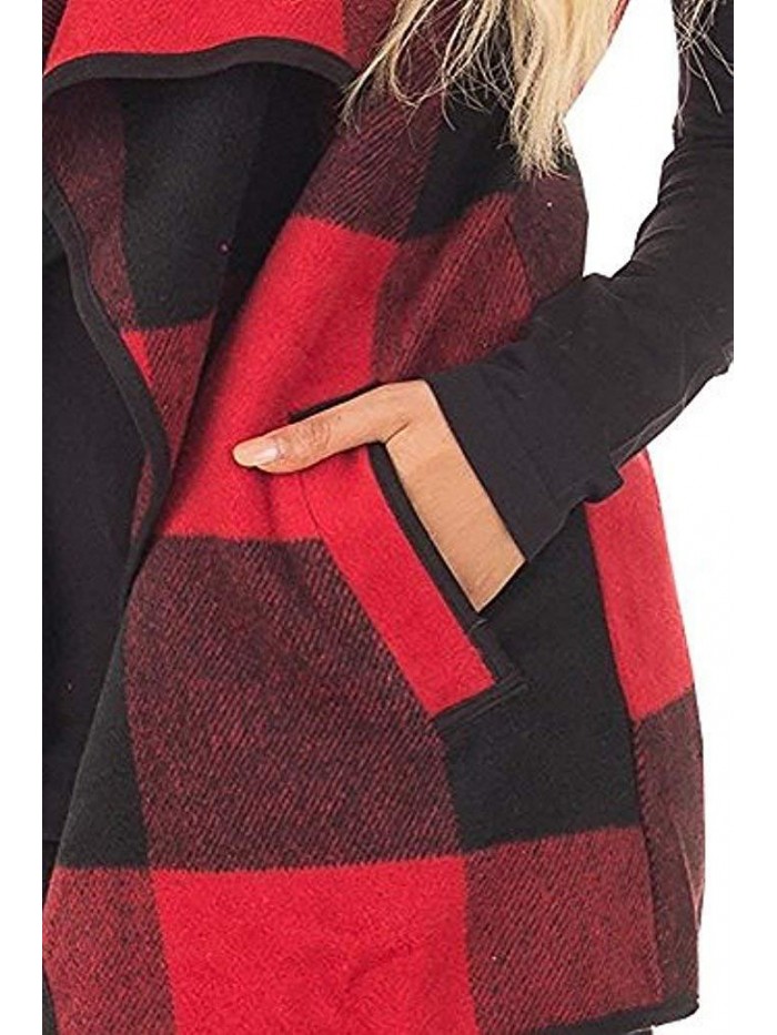 Womens Casual Lapel Open Front Plaid Vest Cardigan Coat with Pockets 