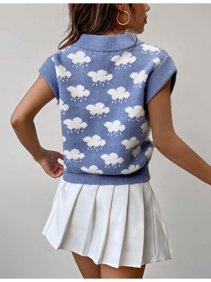 Womens Cloud Print Knit V Neck Sleeveless Pullover Sweater Vest 