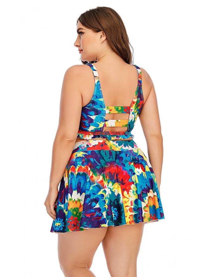 Women's Plus Size Strappy Tropical Leaf Cutout Swimdress Swimsuit 