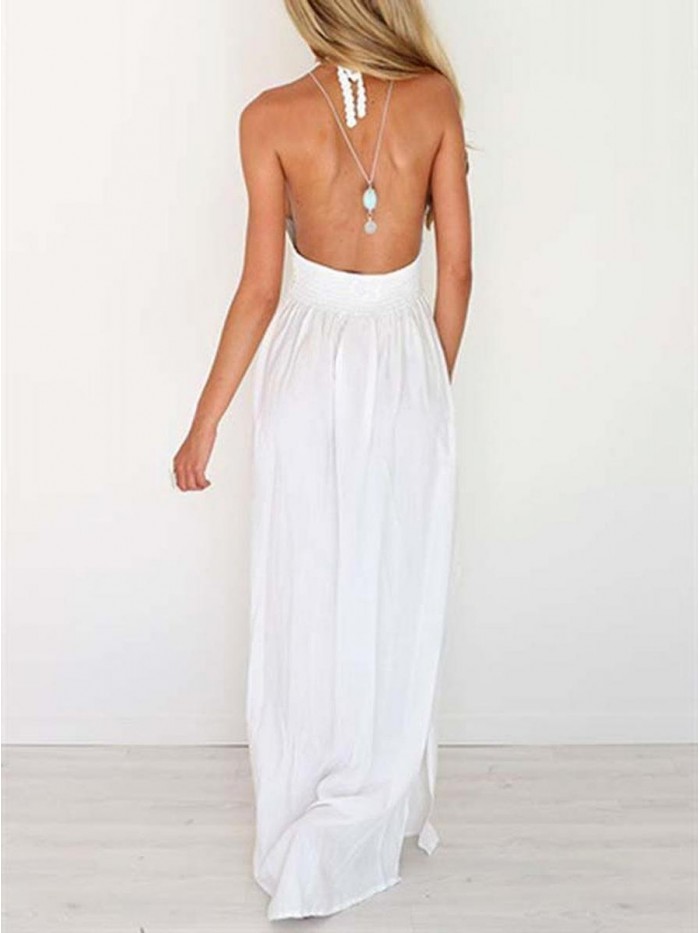 Women's Beach Crochet Backless Bohemian Halter Maxi Long Dress 