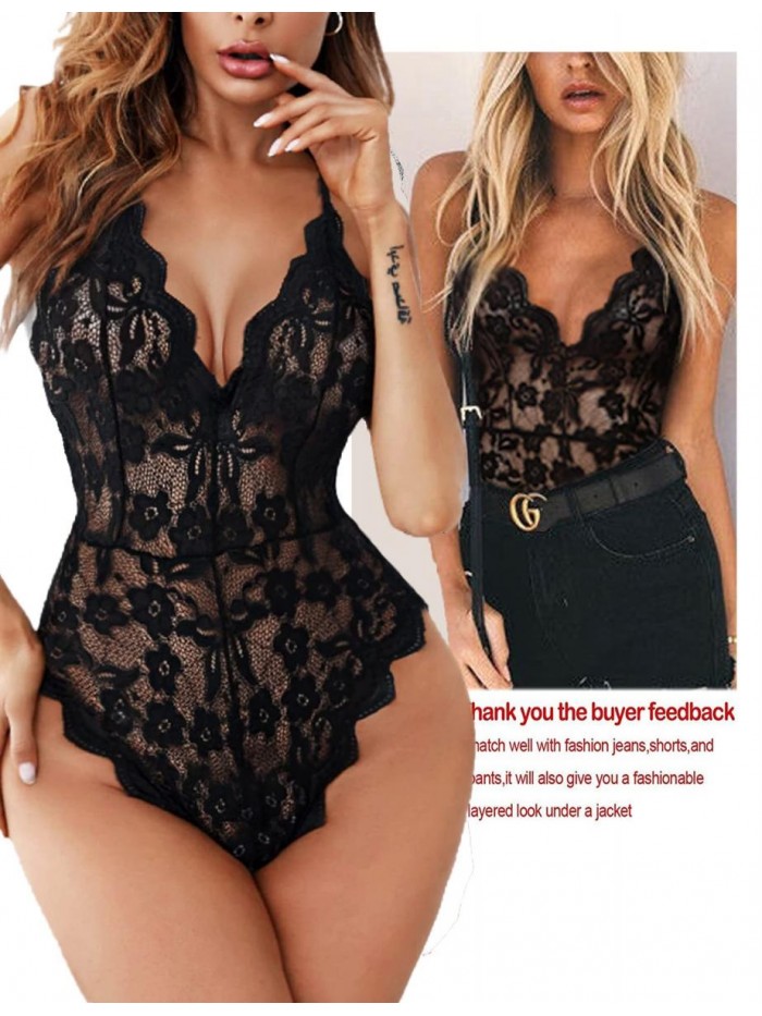 Women One Piece Lingerie Deep V Teddy Sexy Lace Bodysuit 