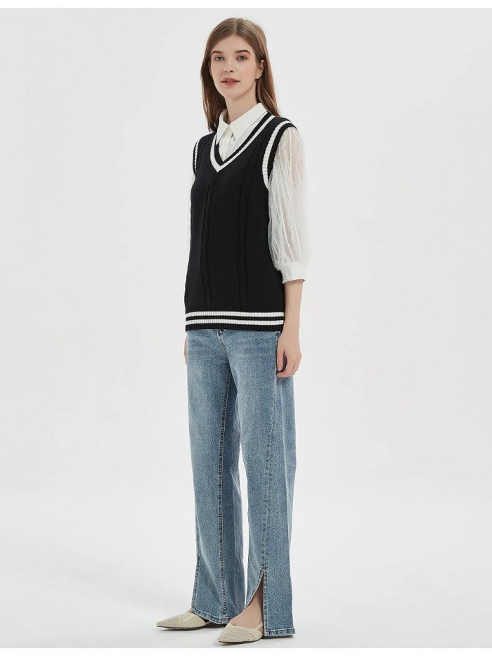 Women's V Neck Sweater Vest Uniform Cable Knit Sleeveless Sweater 