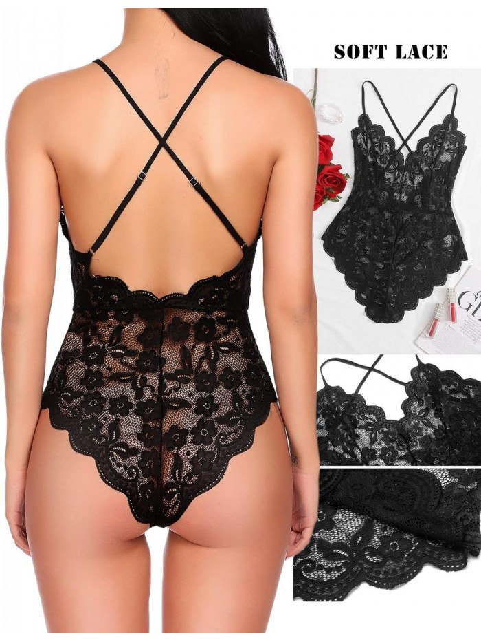 Women One Piece Lingerie Deep V Teddy Sexy Lace Bodysuit 