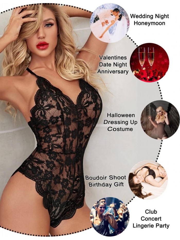 Women One Piece Lingerie Deep V Teddy Sexy Lace Bodysuit 