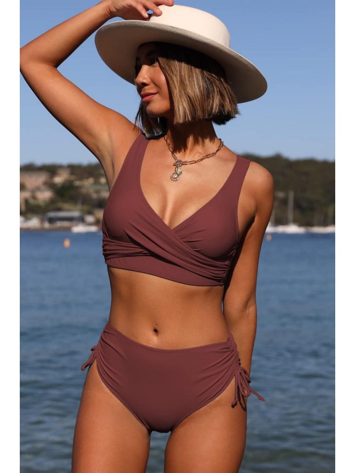 High Waisted Bikini Twist Front Tie Back 2 Piece Swimsuits 