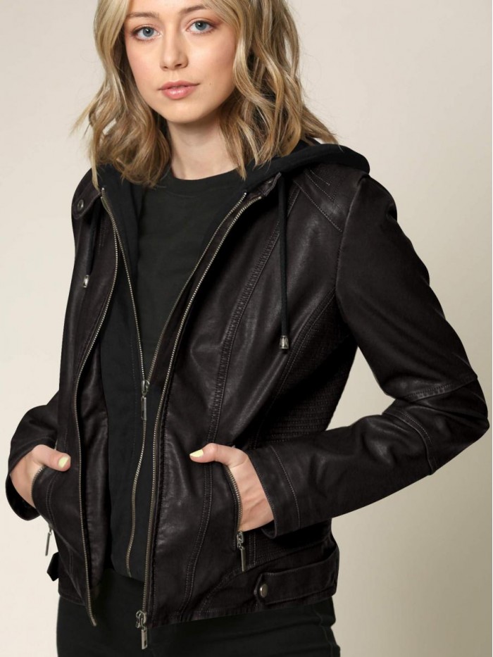 and Love Women's Removable Hooded Faux Leather Jacket Moto Biker Coat 