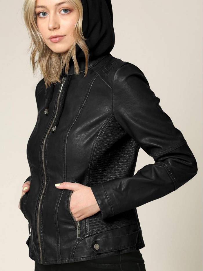 and Love Women's Removable Hooded Faux Leather Jacket Moto Biker Coat 