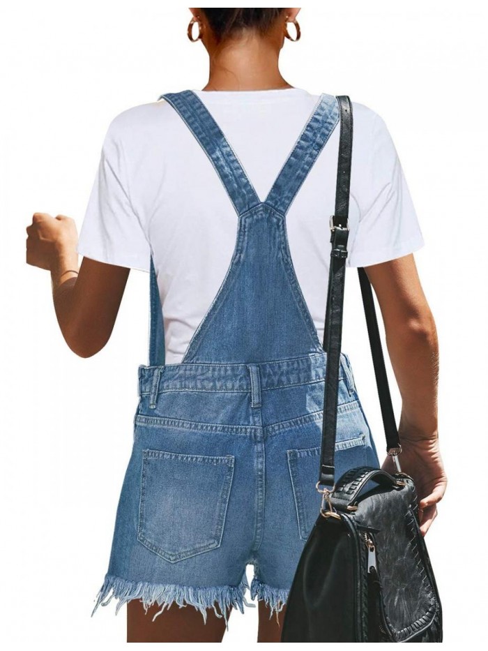 Women's Classic Adjustable Straps Cuffed Hem Denim Bib Overalls Shorts 