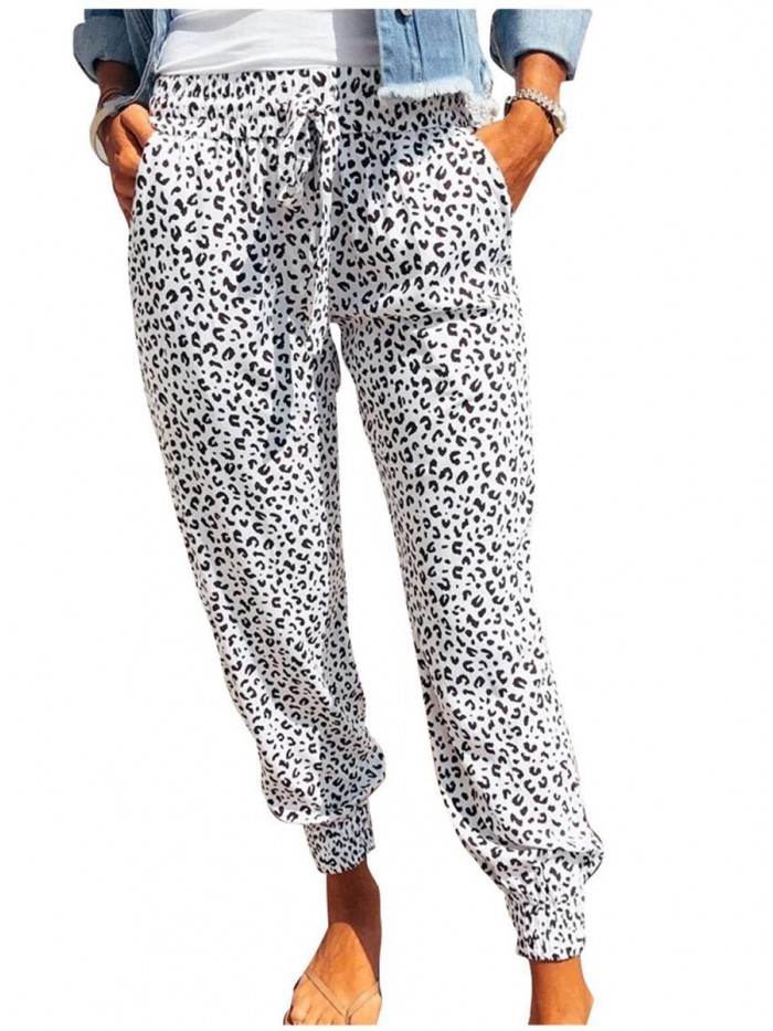 Womens Leopard Drawstring Elastic Waist Sports Lounge Pants with Pockets 