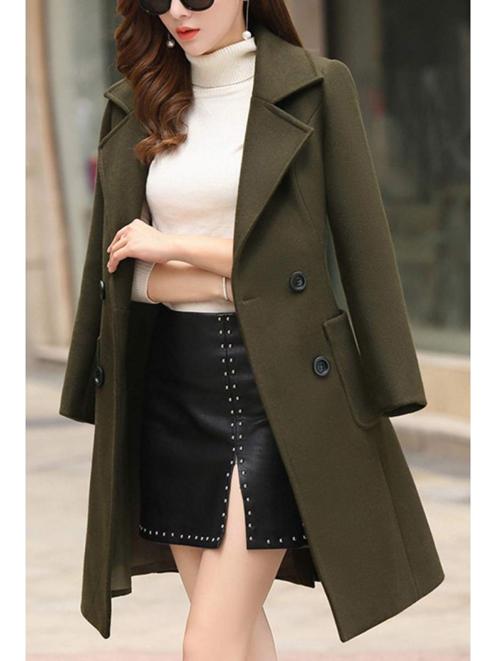 Women Elegant Notched Collar Double Breasted Wool Blend Over Coat 