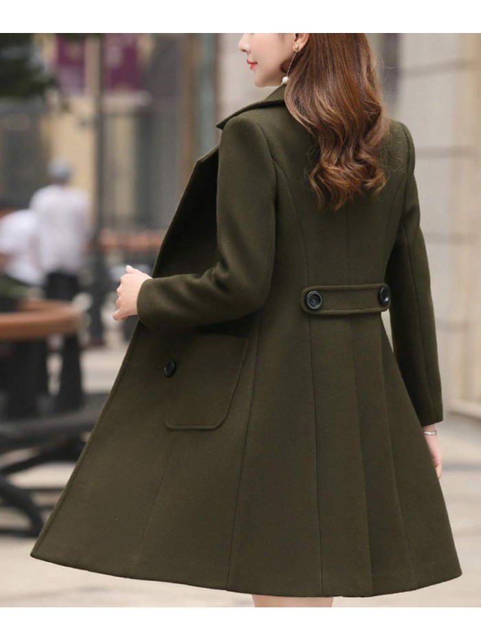 Women Elegant Notched Collar Double Breasted Wool Blend Over Coat 